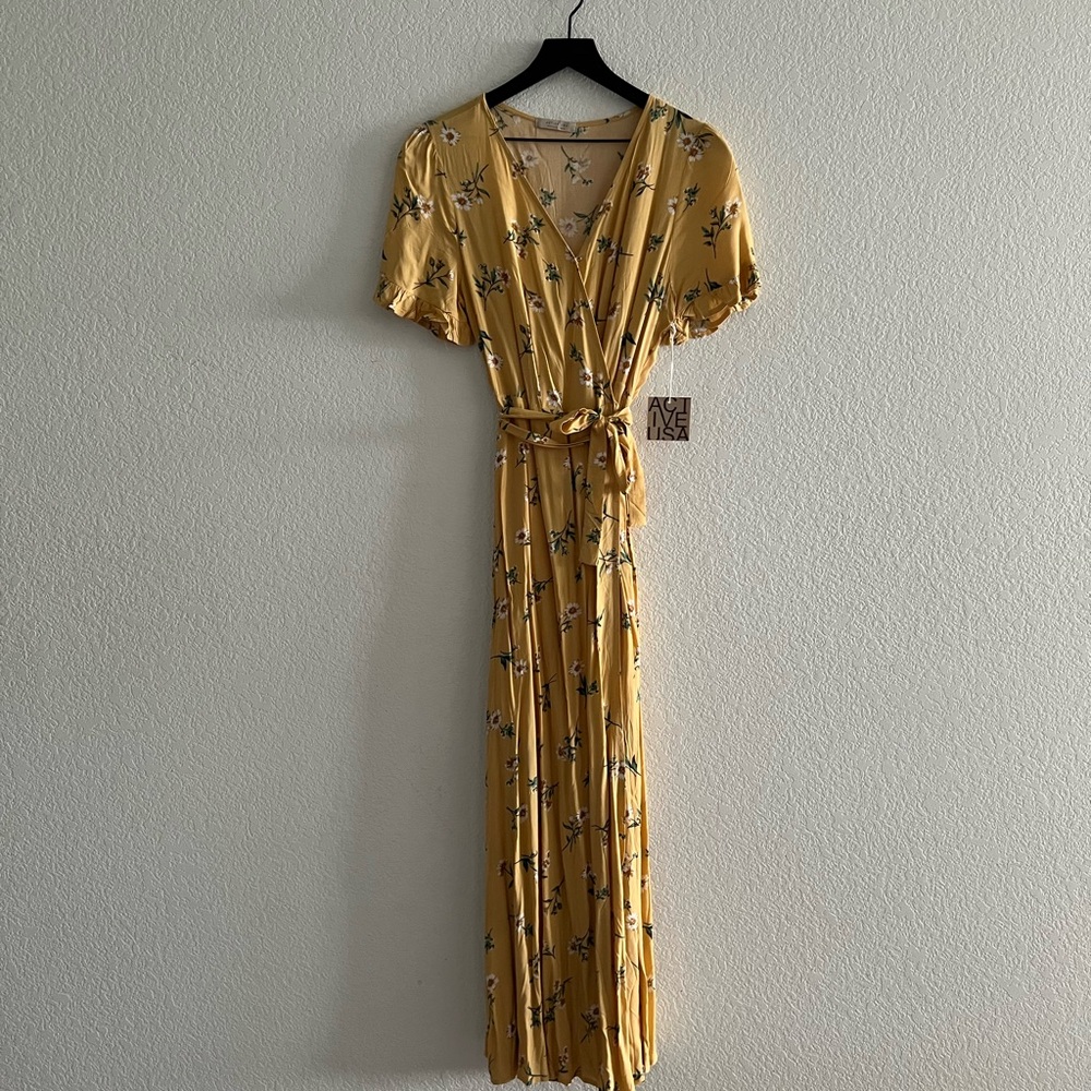 Active USA Butter Yellow Floral Wrap Tie Front Sundress
